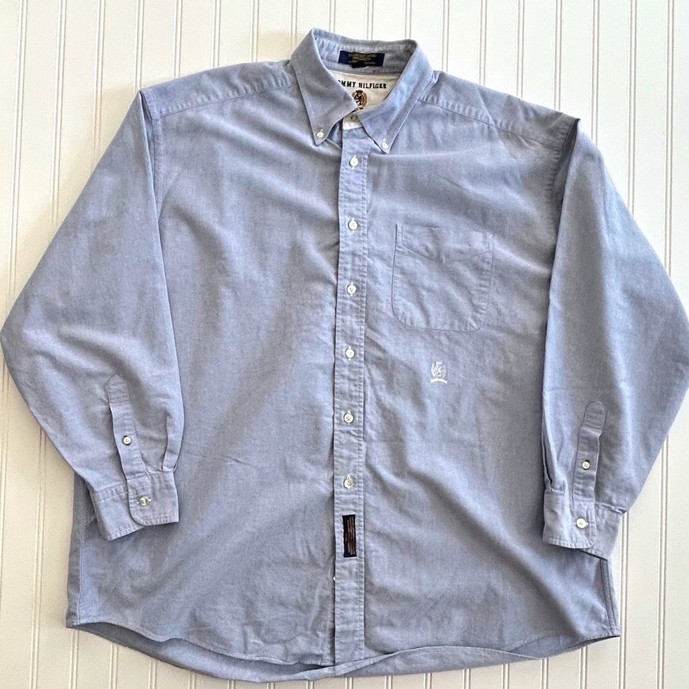 Tommy Hilfiger Button Down Shirt 17.5-34 Blue Good Collegiate Oxford Crest
